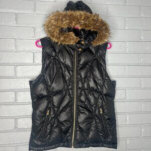 Guess Quilted Vest Womens M Black Brown Zip Pockets Mock Neck Hood Faux Fur Trim